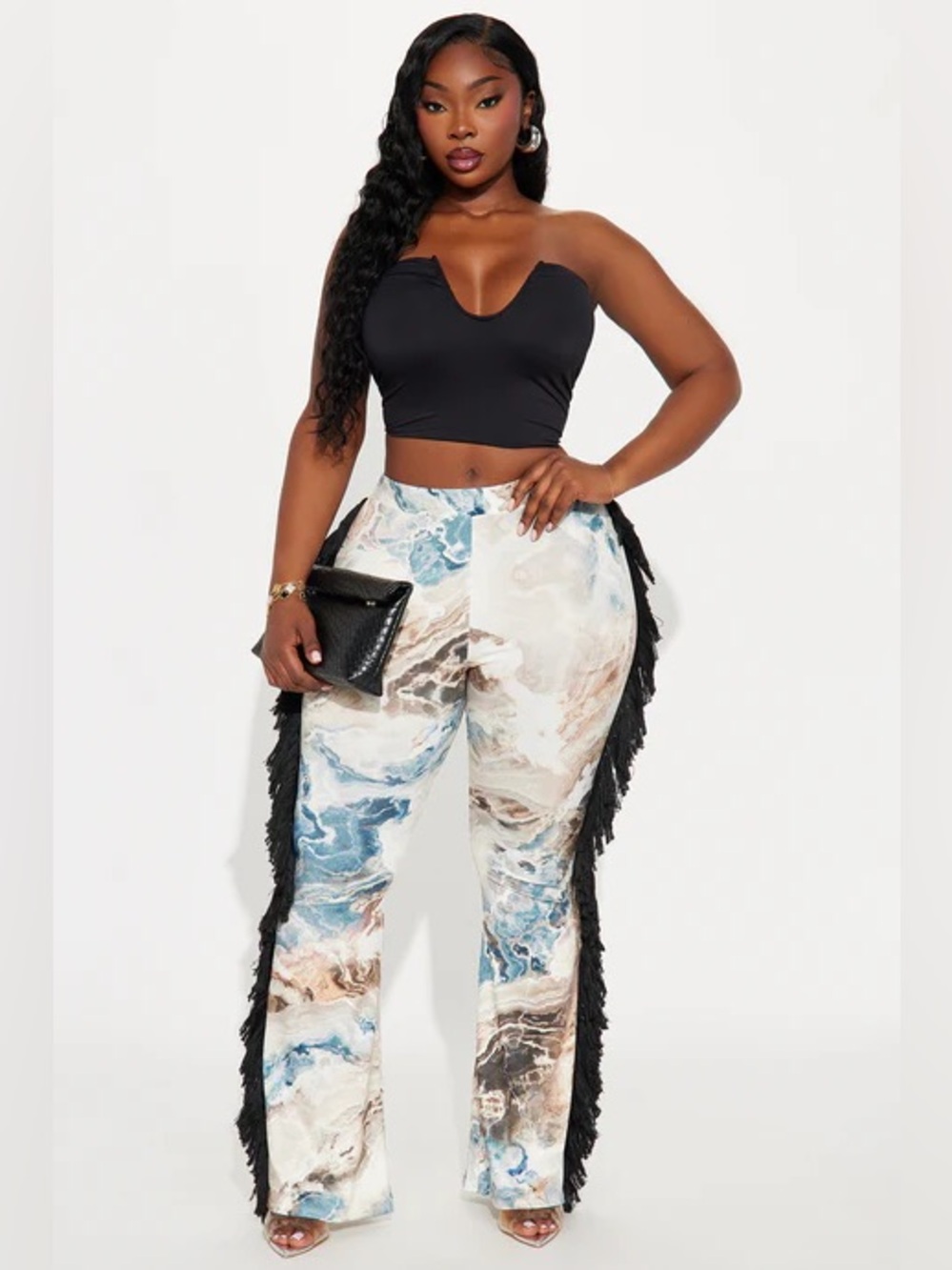 Fashion Nova Blue/Cream Marble Flare Fringe Pants
